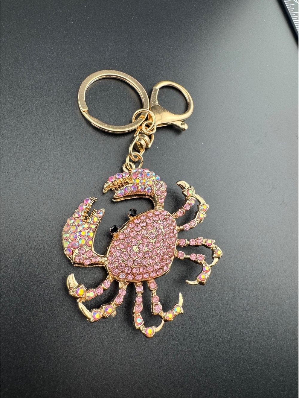Gold Tone Pink Crystal Crab Keychain Charm - Picture 2 of 4